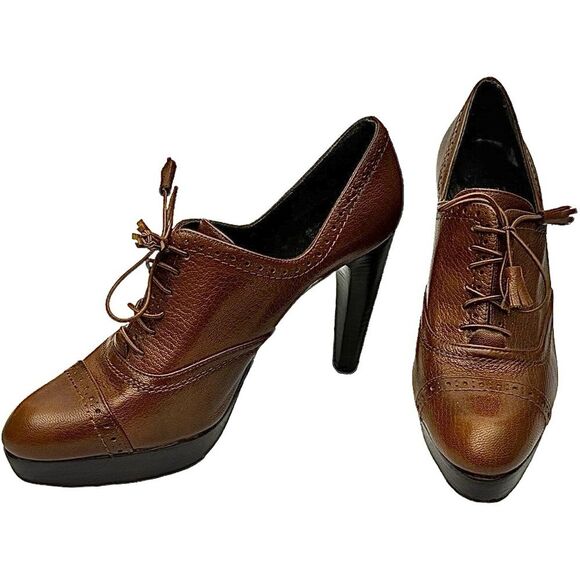 Stuart Weitzman Brogue Platform Ankle Heels Brown 6.5M Leather Made in Spain - Picture 12 of 14